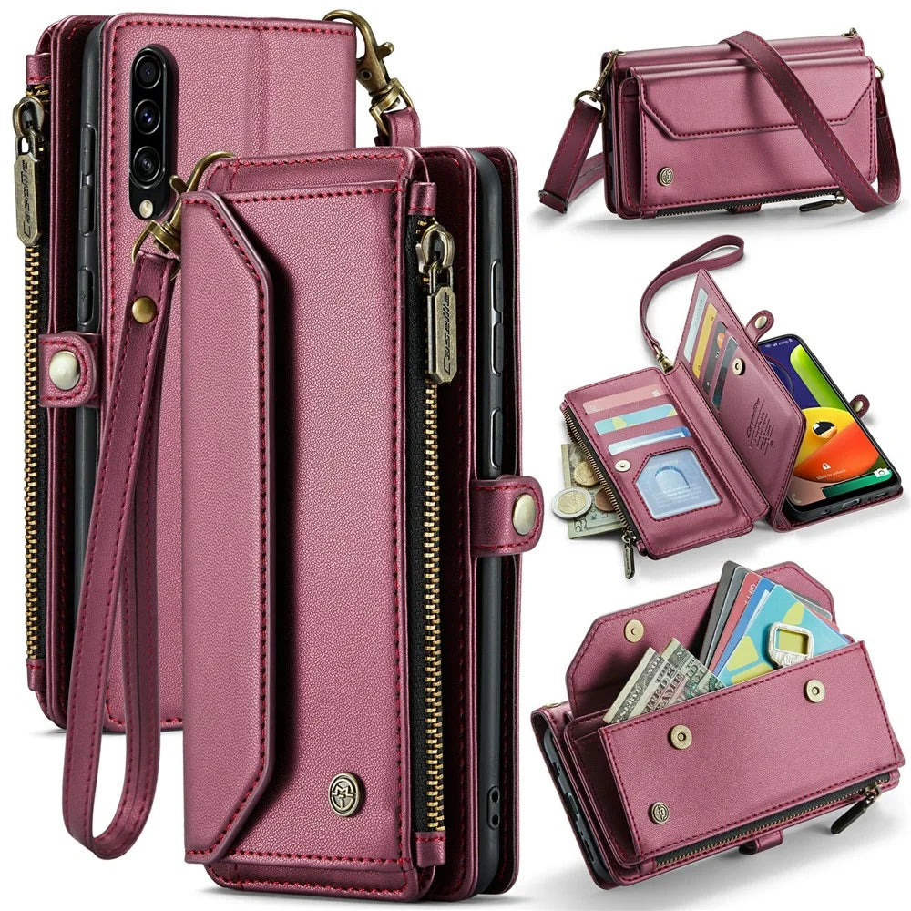 For Samsung Galaxy A30s / A50s / A50 Leather Case CASEME C36 Zipper Multiple Card Slots Phone Cover with Straps - Wine Red - 1