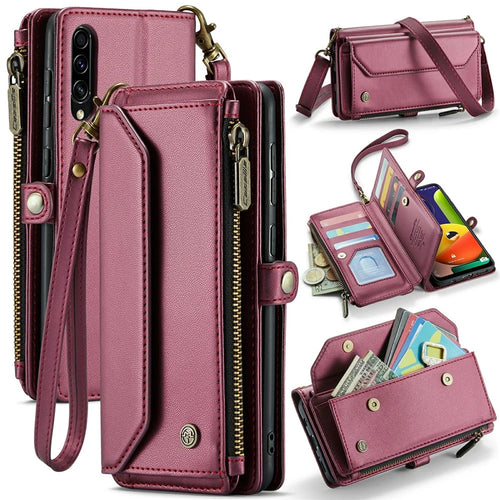 For Samsung Galaxy A30s / A50s / A50 Leather Case CASEME C36 Zipper Multiple Card Slots Phone Cover with Straps - Wine Red - 1