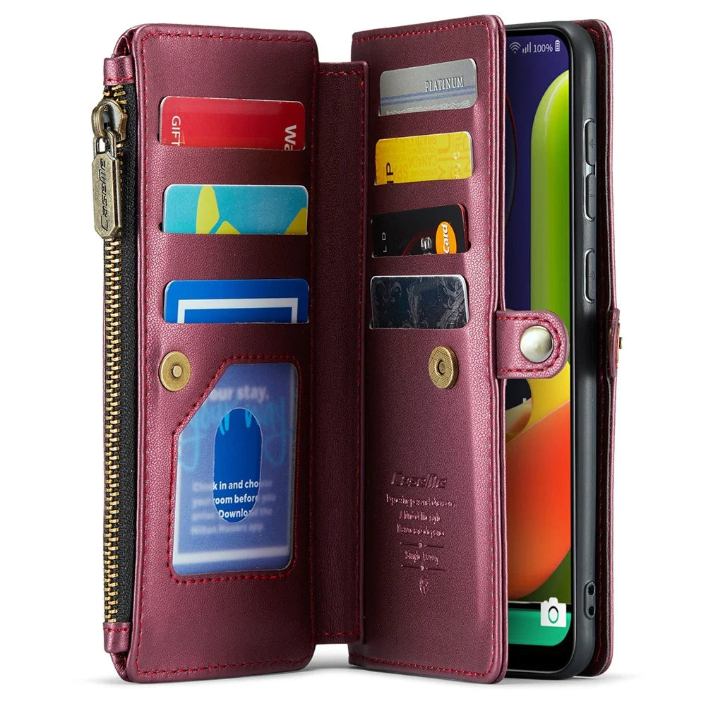 For Samsung Galaxy A30s / A50s / A50 Leather Case CASEME C36 Zipper Multiple Card Slots Phone Cover with Straps - Wine Red - 2