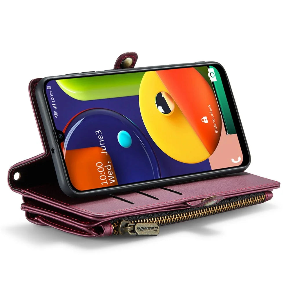 For Samsung Galaxy A30s / A50s / A50 Leather Case CASEME C36 Zipper Multiple Card Slots Phone Cover with Straps - Wine Red - 4