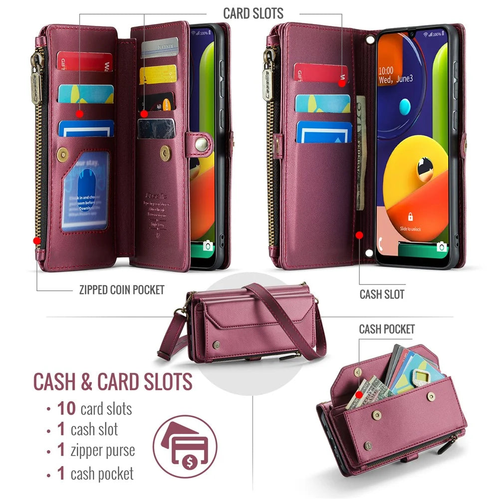 For Samsung Galaxy A30s / A50s / A50 Leather Case CASEME C36 Zipper Multiple Card Slots Phone Cover with Straps - Wine Red - 7