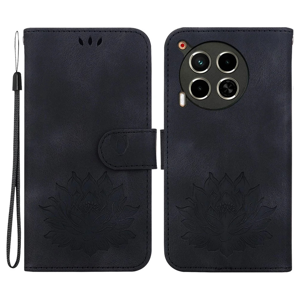 For TECNO Camon 30 4G / 30 5G Case Lotus Imprint Leather Wallet Phone Cover with Wrist Strap - Black - 1
