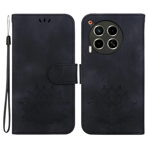 For TECNO Camon 30 4G / 30 5G Case Lotus Imprint Leather Wallet Phone Cover with Wrist Strap - Black - 1