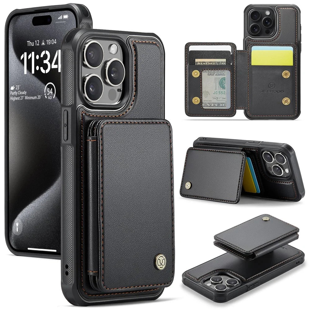 JEEHOOD J05 For iPhone 15 Pro Max Case Leather Mobile Cover with Detachable Magnetic Card Bag - Black - 1