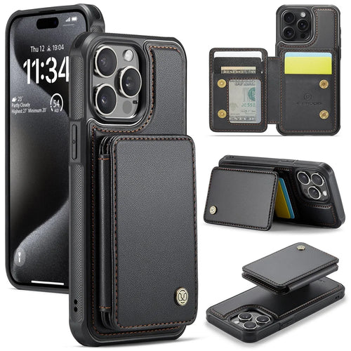 JEEHOOD J05 For iPhone 15 Pro Max Case Leather Mobile Cover with Detachable Magnetic Card Bag - Black - 1