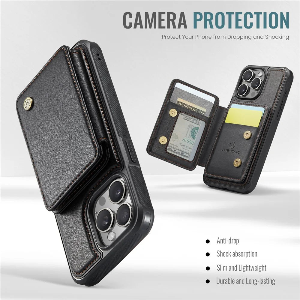 JEEHOOD J05 For iPhone 15 Pro Max Case Leather Mobile Cover with Detachable Magnetic Card Bag - Black - 7