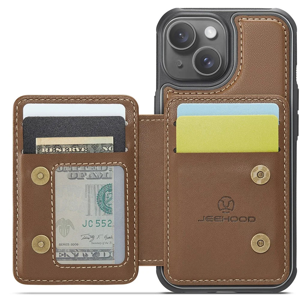 JEEHOOD J05 For iPhone 15 Case Leather Mobile Cover with Detachable Magnetic Card Bag - Brown - 2