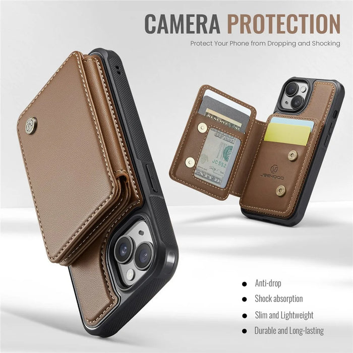 JEEHOOD J05 For iPhone 15 Case Leather Mobile Cover with Detachable Magnetic Card Bag - Brown - 7