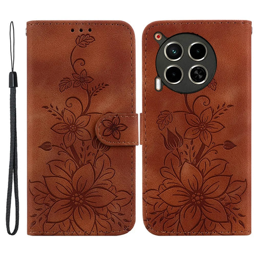 For TECNO Camon 30 4G / 30 5G Wallet Case Anti-Scratch Lily Imprint Leather Phone Cover - Brown - 1