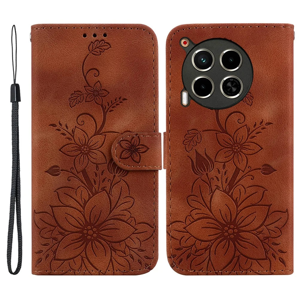 For TECNO Camon 30 4G / 30 5G Wallet Case Anti-Scratch Lily Imprint Leather Phone Cover - Brown - 1