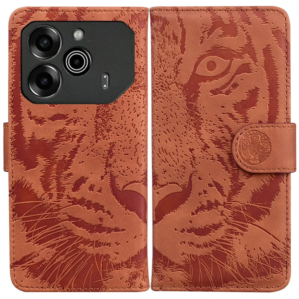 For TECNO Pova 6 5G / 6 Pro 5G Wallet Case Tiger Imprint Leather Stand Phone Cover - Brown - 1