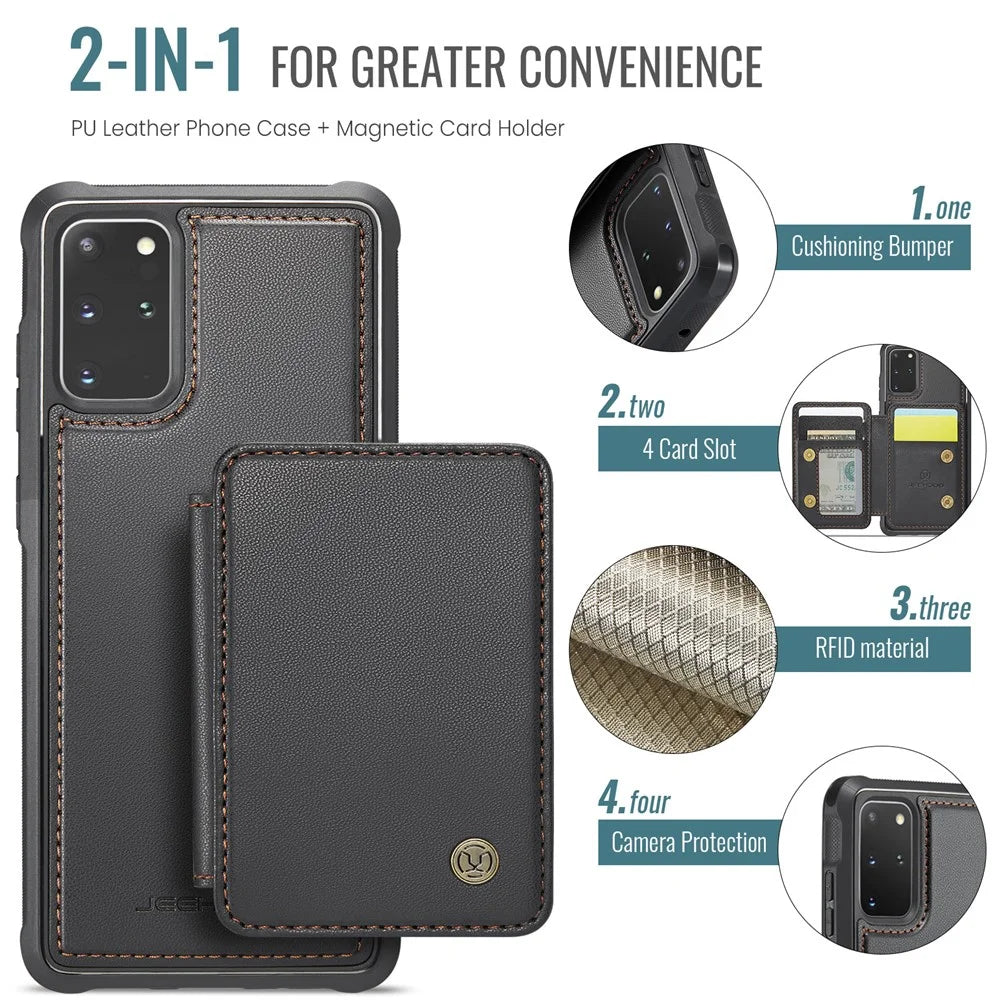 JEEHOOD J05 For Samsung Galaxy S20 Plus 5G / 4G Case Leather Mobile Cover with Detachable Magnetic Card Bag - Black - 7