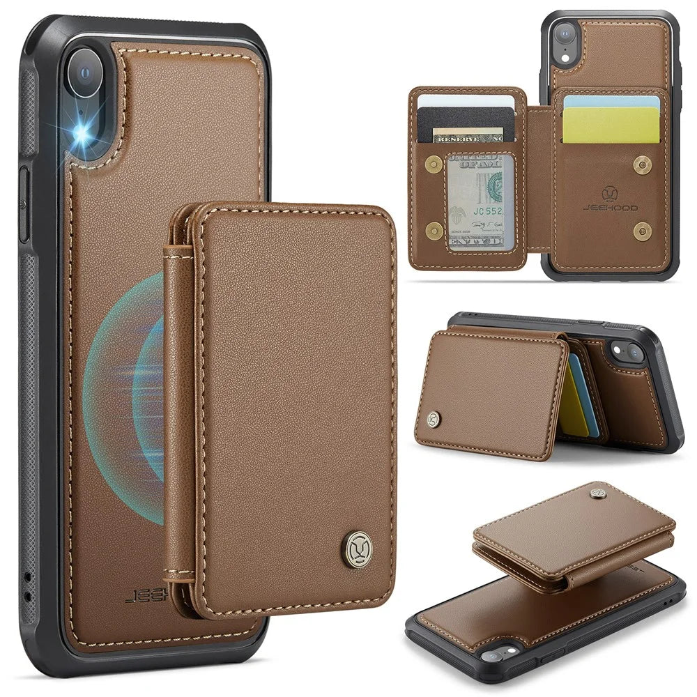JEEHOOD J05 For iPhone XR Case Leather Mobile Cover with Detachable Magnetic Card Bag - Brown - 1