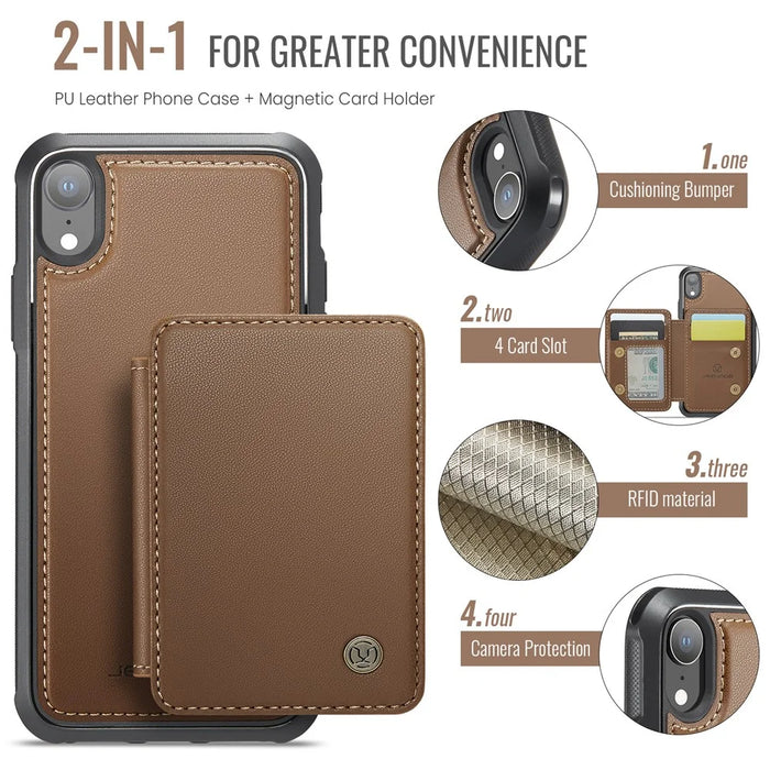 JEEHOOD J05 For iPhone XR Case Leather Mobile Cover with Detachable Magnetic Card Bag - Brown - 6