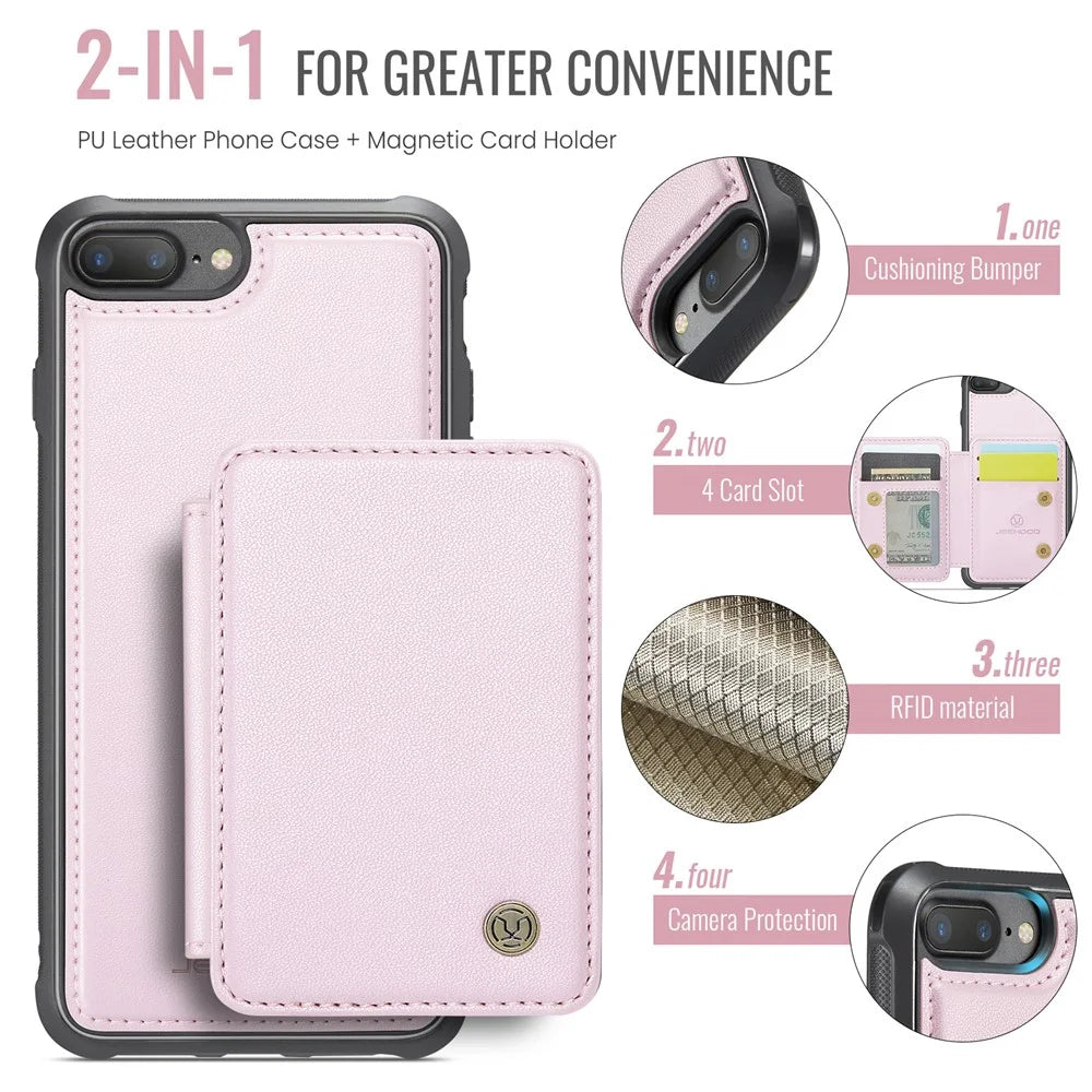 JEEHOOD J05 For iPhone 6 Plus / 7 Plus / 8 Plus / 6s Plus 5.5-inch Case Leather Mobile Cover with Detachable Magnetic Card Bag - Pink - 6