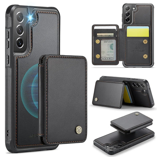 JEEHOOD J05 For Samsung Galaxy S21 FE 5G Case Leather Mobile Cover with Detachable Magnetic Card Bag - Black - 1