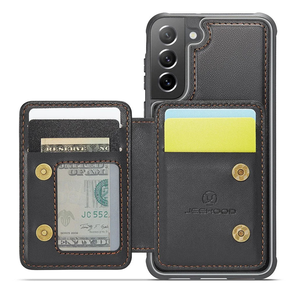 JEEHOOD J05 For Samsung Galaxy S21 FE 5G Case Leather Mobile Cover with Detachable Magnetic Card Bag - Black - 3