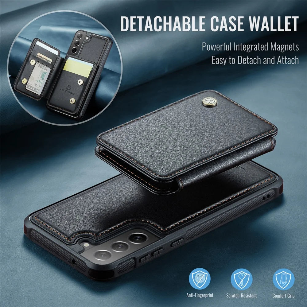JEEHOOD J05 For Samsung Galaxy S21 FE 5G Case Leather Mobile Cover with Detachable Magnetic Card Bag - Black - 6