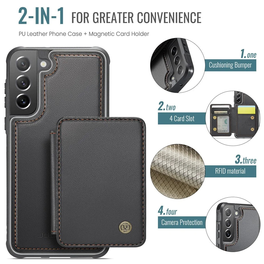JEEHOOD J05 For Samsung Galaxy S21 FE 5G Case Leather Mobile Cover with Detachable Magnetic Card Bag - Black - 7