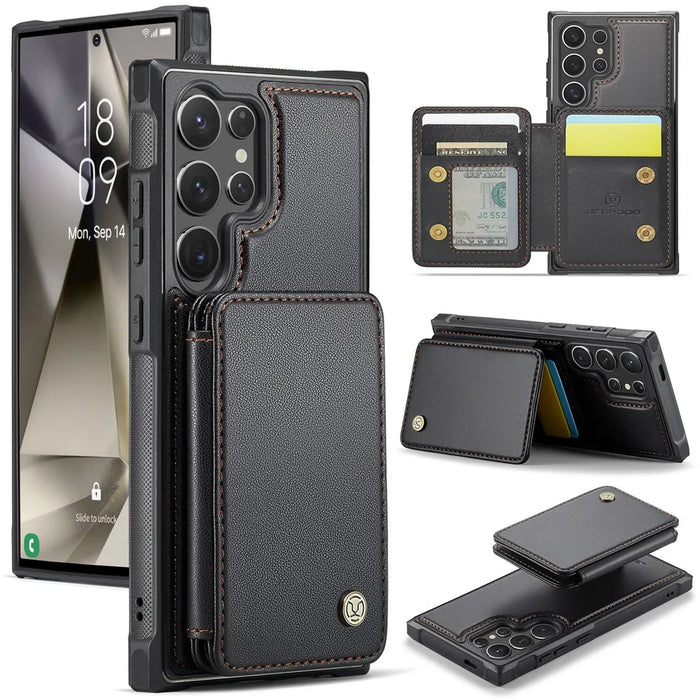 JEEHOOD J05 For Samsung Galaxy S24 Ultra Case Leather Mobile Cover with Detachable Magnetic Card Bag - Black - 1