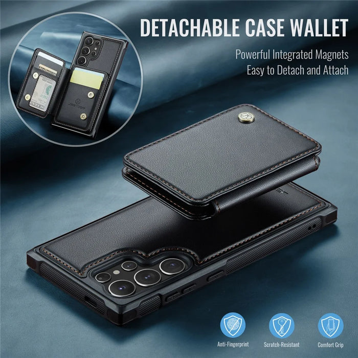 JEEHOOD J05 For Samsung Galaxy S24 Ultra Case Leather Mobile Cover with Detachable Magnetic Card Bag - Black - 6