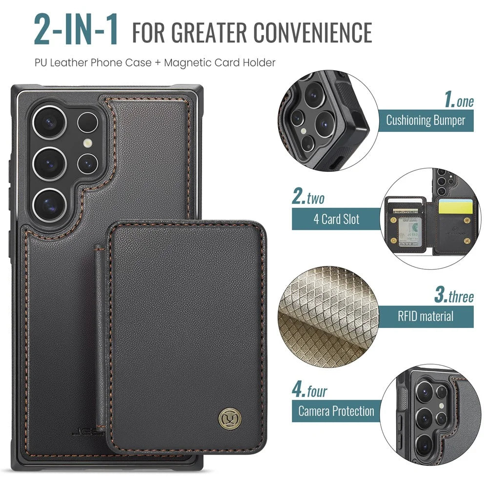 JEEHOOD J05 For Samsung Galaxy S24 Ultra Case Leather Mobile Cover with Detachable Magnetic Card Bag - Black - 7