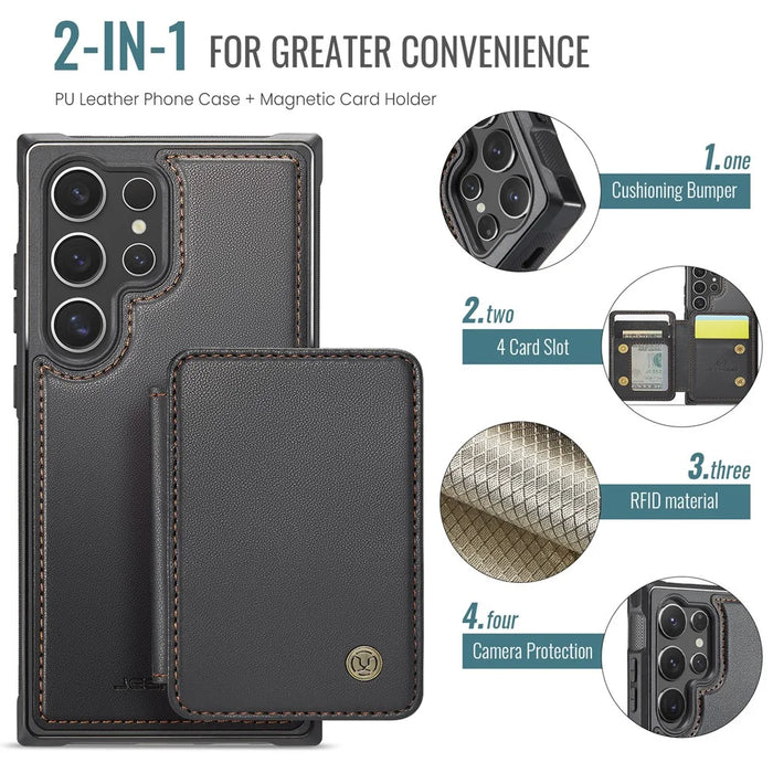 JEEHOOD J05 For Samsung Galaxy S24 Ultra Case Leather Mobile Cover with Detachable Magnetic Card Bag - Black - 7