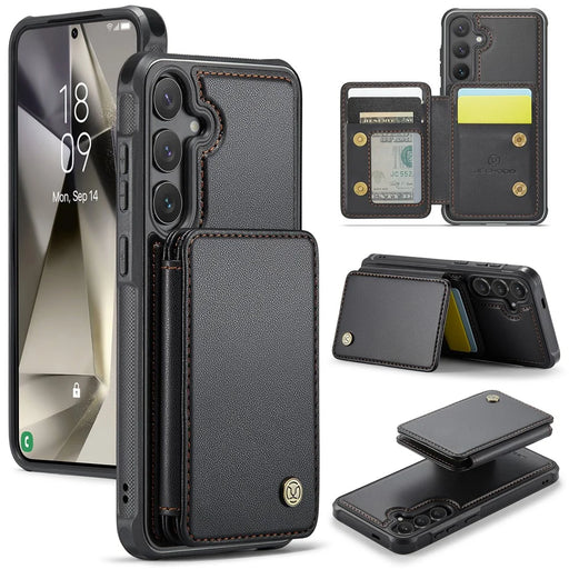 JEEHOOD J05 For Samsung Galaxy S24 Case Leather Mobile Cover with Detachable Magnetic Card Bag - Black - 1