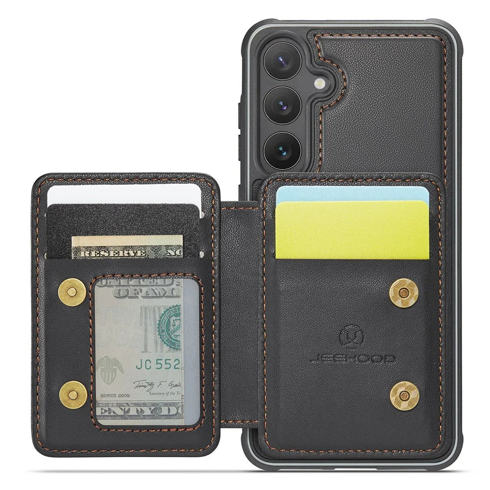 JEEHOOD J05 For Samsung Galaxy S24 Case Leather Mobile Cover with Detachable Magnetic Card Bag - Black - 3