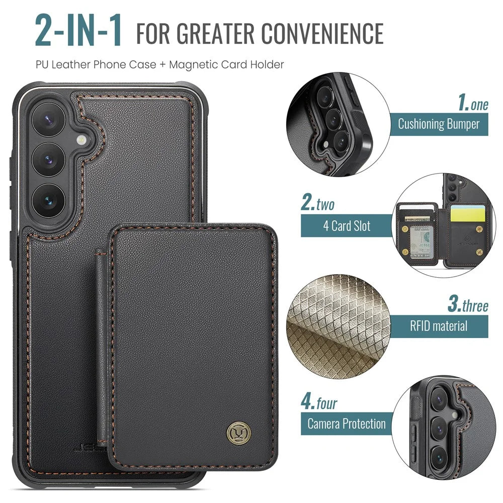 JEEHOOD J05 For Samsung Galaxy S24 Case Leather Mobile Cover with Detachable Magnetic Card Bag - Black - 7