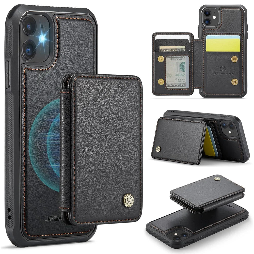 JEEHOOD J05 For iPhone 11 Case Leather Mobile Cover with Detachable Magnetic Card Bag - Black - 1