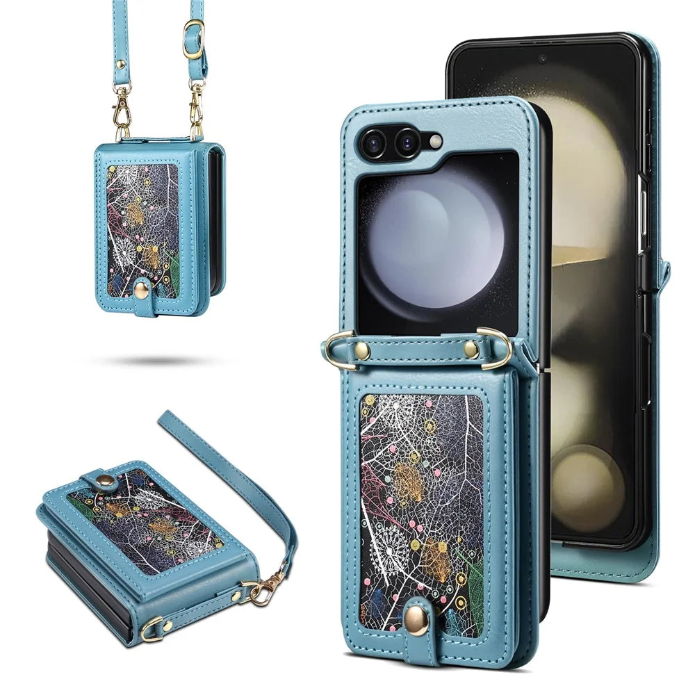 For Samsung Galaxy Z Flip7 FE 5G / Z Flip6 5G Case Leather+PC Phone Cover with Card Holder Long Strap - Blue - 1