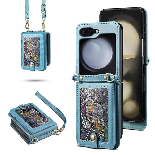 For Samsung Galaxy Z Flip7 FE 5G / Z Flip6 5G Case Leather+PC Phone Cover with Card Holder Long Strap - Blue - 1
