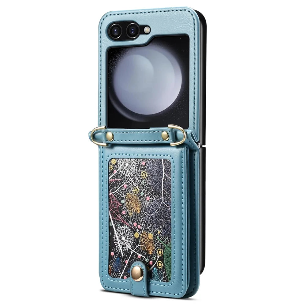For Samsung Galaxy Z Flip7 FE 5G / Z Flip6 5G Case Leather+PC Phone Cover with Card Holder Long Strap - Blue - 2