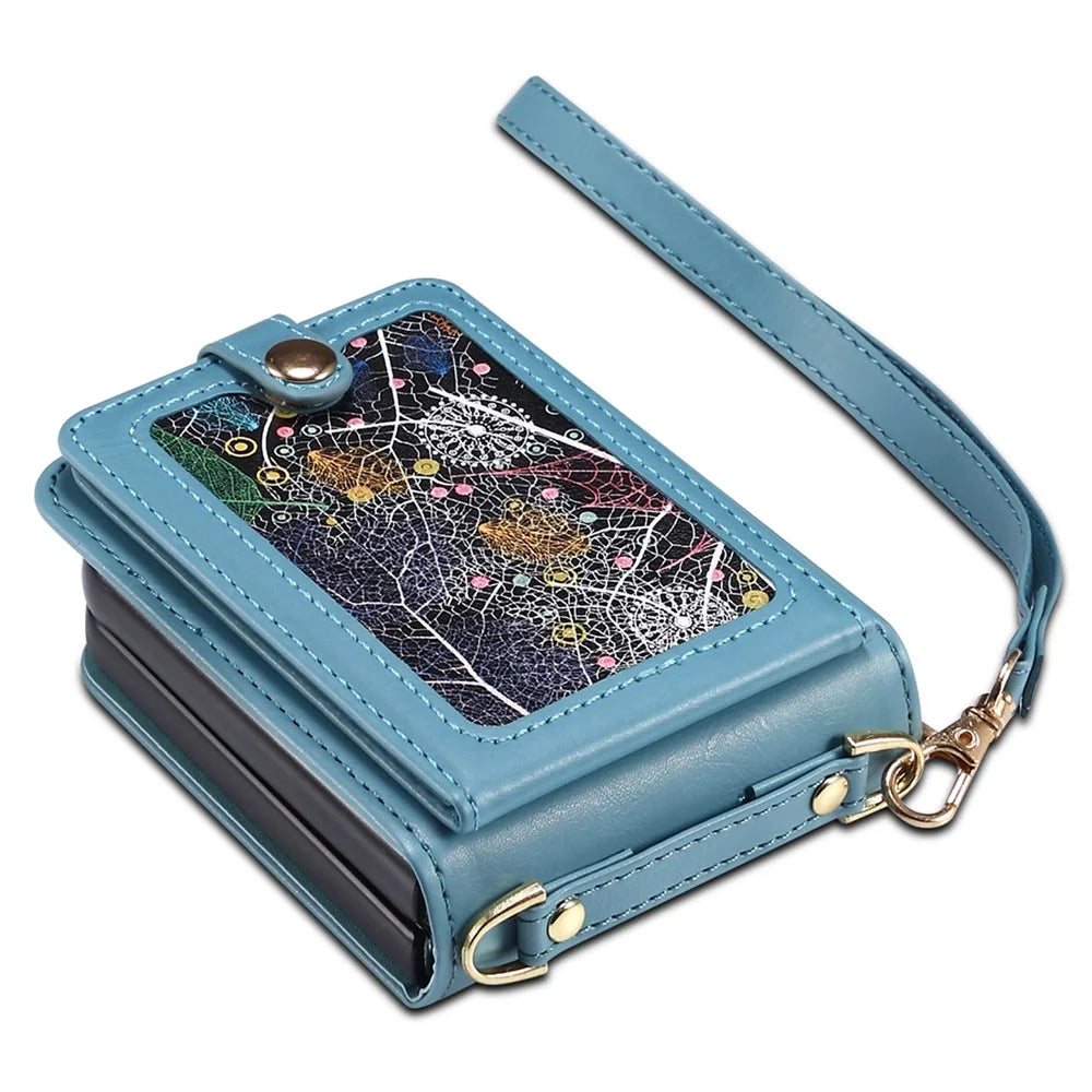 For Samsung Galaxy Z Flip7 FE 5G / Z Flip6 5G Case Leather+PC Phone Cover with Card Holder Long Strap - Blue - 7