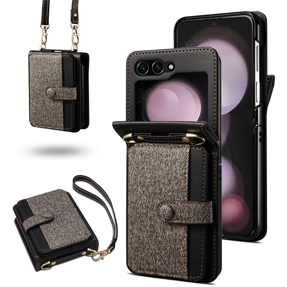 For Samsung Galaxy Z Flip7 FE 5G / Z Flip6 5G Case Splicing Color Leather Phone Cover with Card Slot Holder Lanyard - Dark Grey - 1
