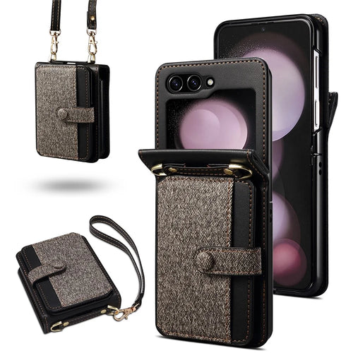 For Samsung Galaxy Z Flip7 FE 5G / Z Flip6 5G Case Splicing Color Leather Phone Cover with Card Slot Holder Lanyard - Dark Grey - 1