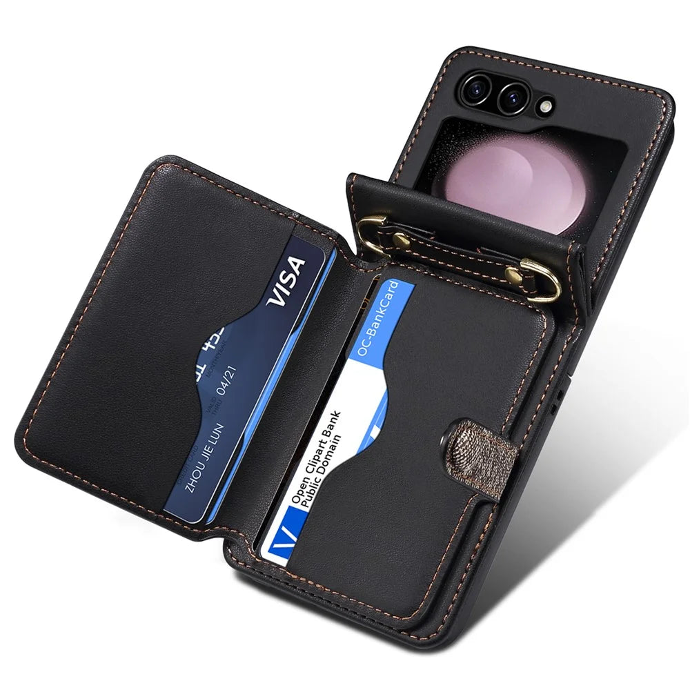 For Samsung Galaxy Z Flip7 FE 5G / Z Flip6 5G Case Splicing Color Leather Phone Cover with Card Slot Holder Lanyard - Dark Grey - 2