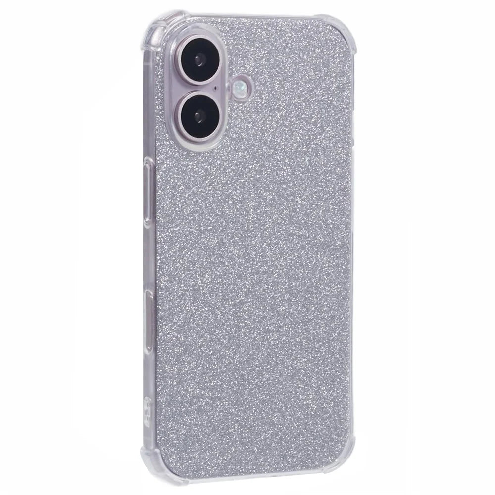For iPhone 16 Case Reinforced Corners Soft TPU Protective Phone Cover with Card Paper - Glitter Silver - 1
