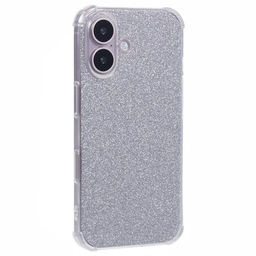 For iPhone 16 Case Reinforced Corners Soft TPU Protective Phone Cover with Card Paper - Glitter Silver - 1
