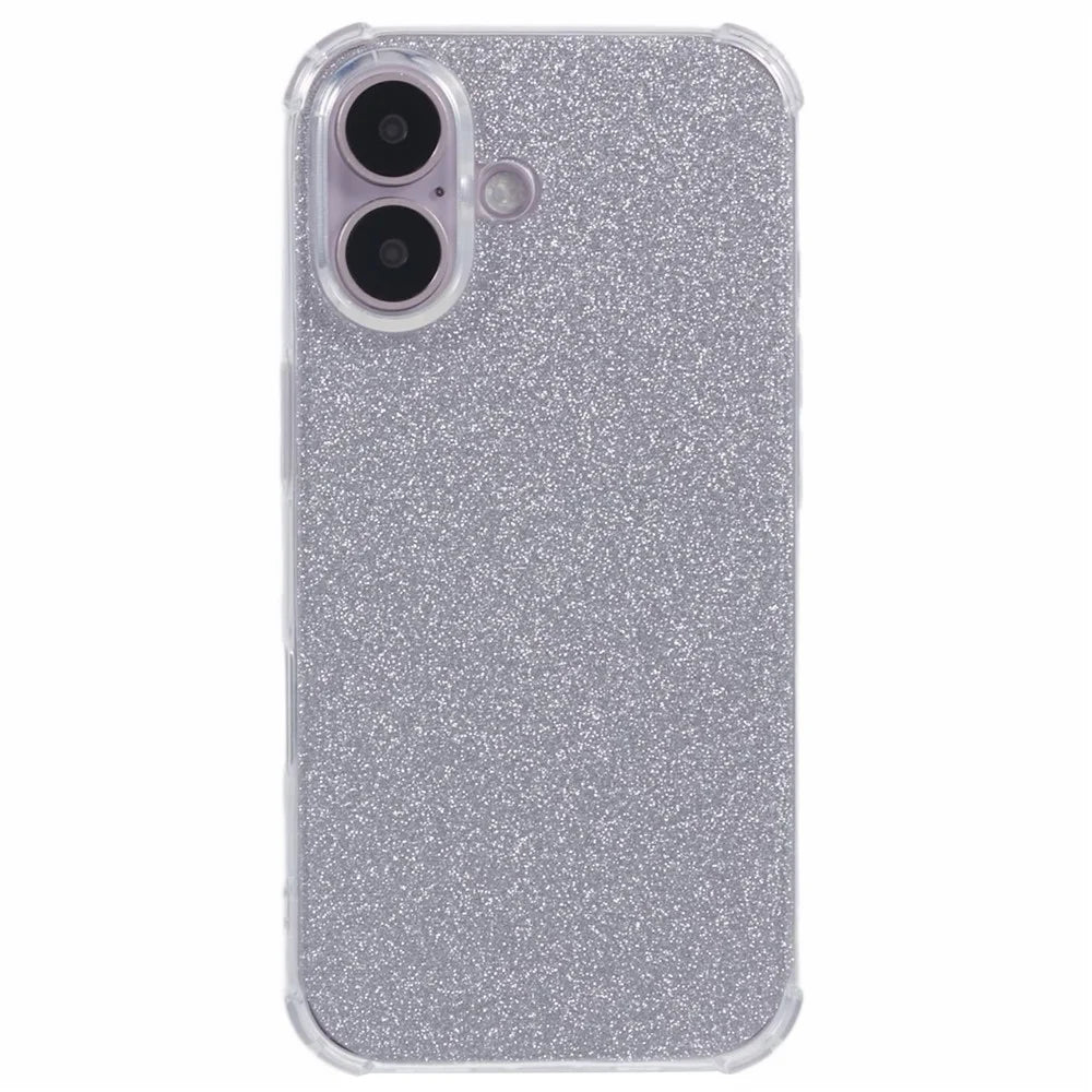 For iPhone 16 Case Reinforced Corners Soft TPU Protective Phone Cover with Card Paper - Glitter Silver - 3