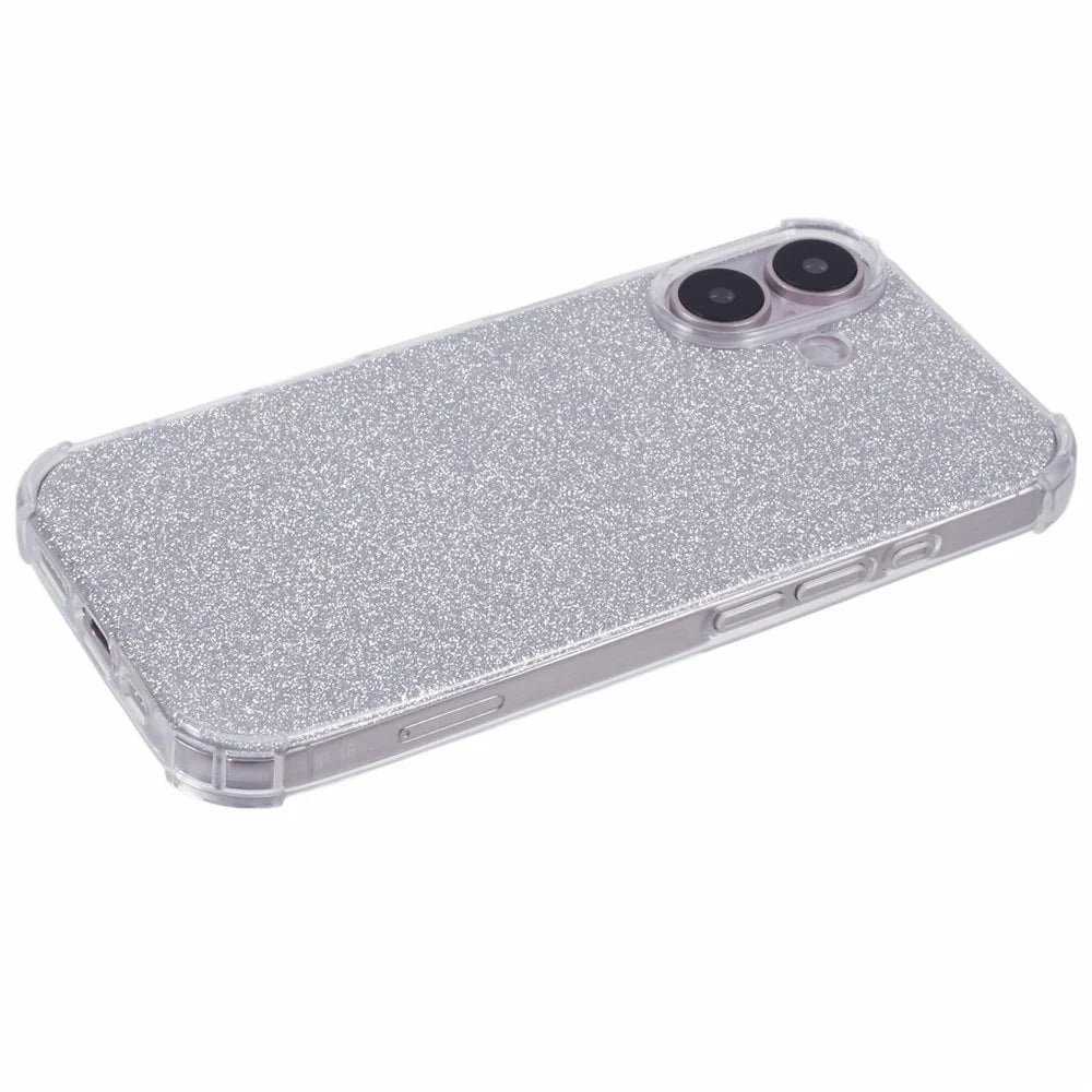 For iPhone 16 Case Reinforced Corners Soft TPU Protective Phone Cover with Card Paper - Glitter Silver - 5