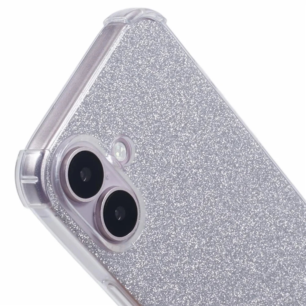 For iPhone 16 Case Reinforced Corners Soft TPU Protective Phone Cover with Card Paper - Glitter Silver - 6