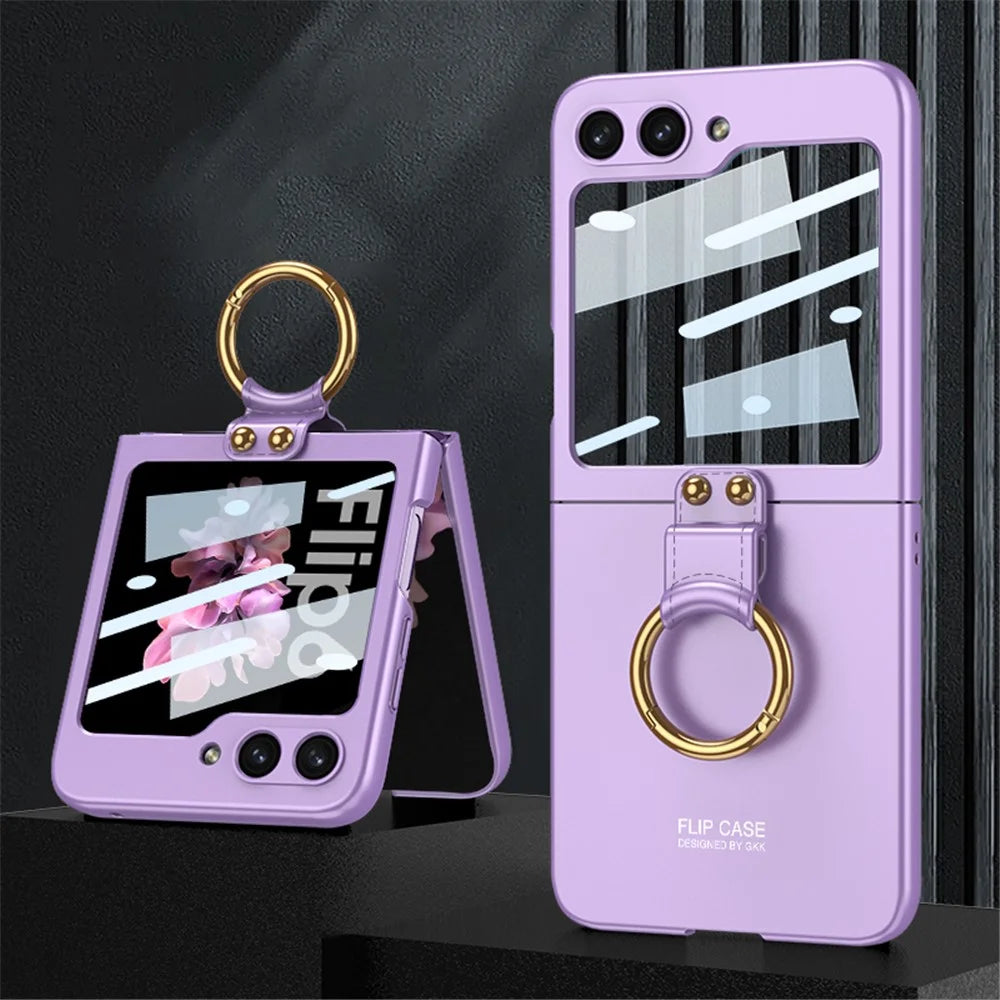 GKK For Samsung Galaxy Z Flip7 FE 5G / Z Flip6 5G Case PC Phone Cover with Ring Holder+Tempered Glass Back Screen Film - Purple - 1