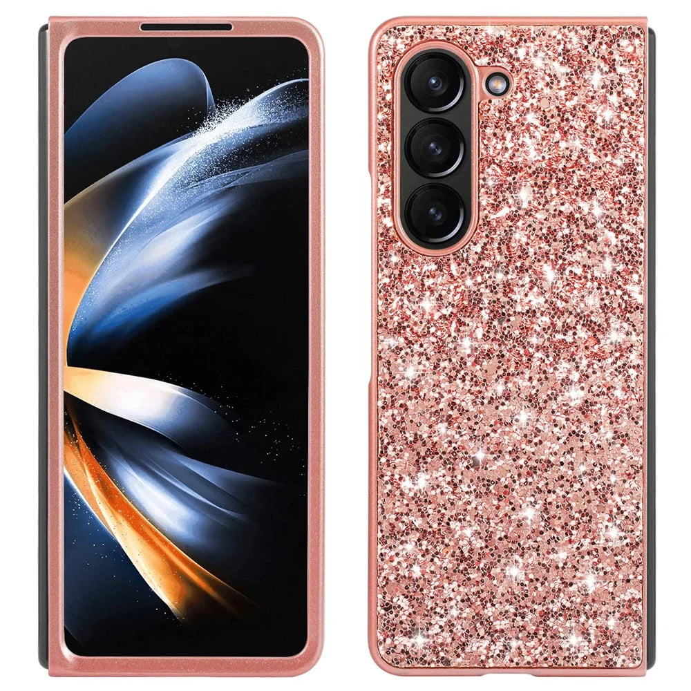 For Samsung Galaxy Z Fold6 5G Phone Case Glitter Electroplated TPU Frame PC Back Cover - Rose Gold - 1