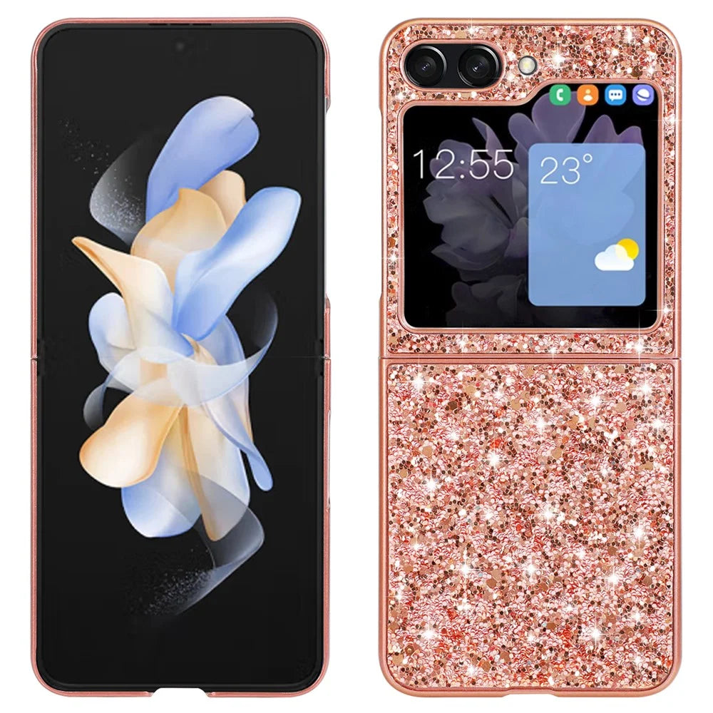 For Samsung Galaxy Z Flip7 FE 5G / Z Flip6 5G Case Electroplating TPU Frame PC Back Glitter Phone Cover - Rose Gold - 1