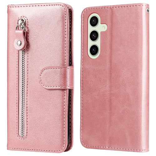 For Samsung Galaxy S24 FE Case PU Leather Stand Phone Cover with Zipper Pocket - Pink - 1