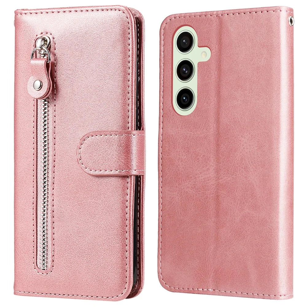 For Samsung Galaxy S24 FE Case PU Leather Stand Phone Cover with Zipper Pocket - Pink - 1