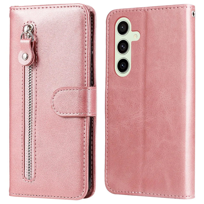 For Samsung Galaxy S24 FE Case PU Leather Stand Phone Cover with Zipper Pocket - Pink - 1