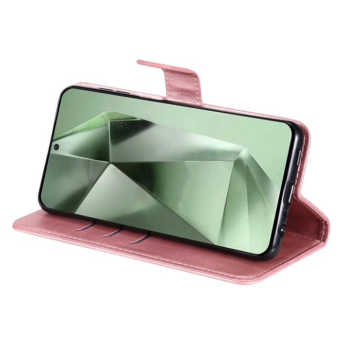 For Samsung Galaxy S24 FE Case PU Leather Stand Phone Cover with Zipper Pocket - Pink - 4